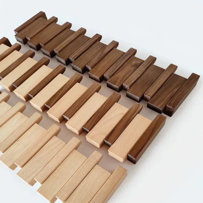 Perchero de pared con diseño de teclas de piano, ganchos abatibles de madera de nogal o haya, 4, 6 u 8 ganchos, fijacion