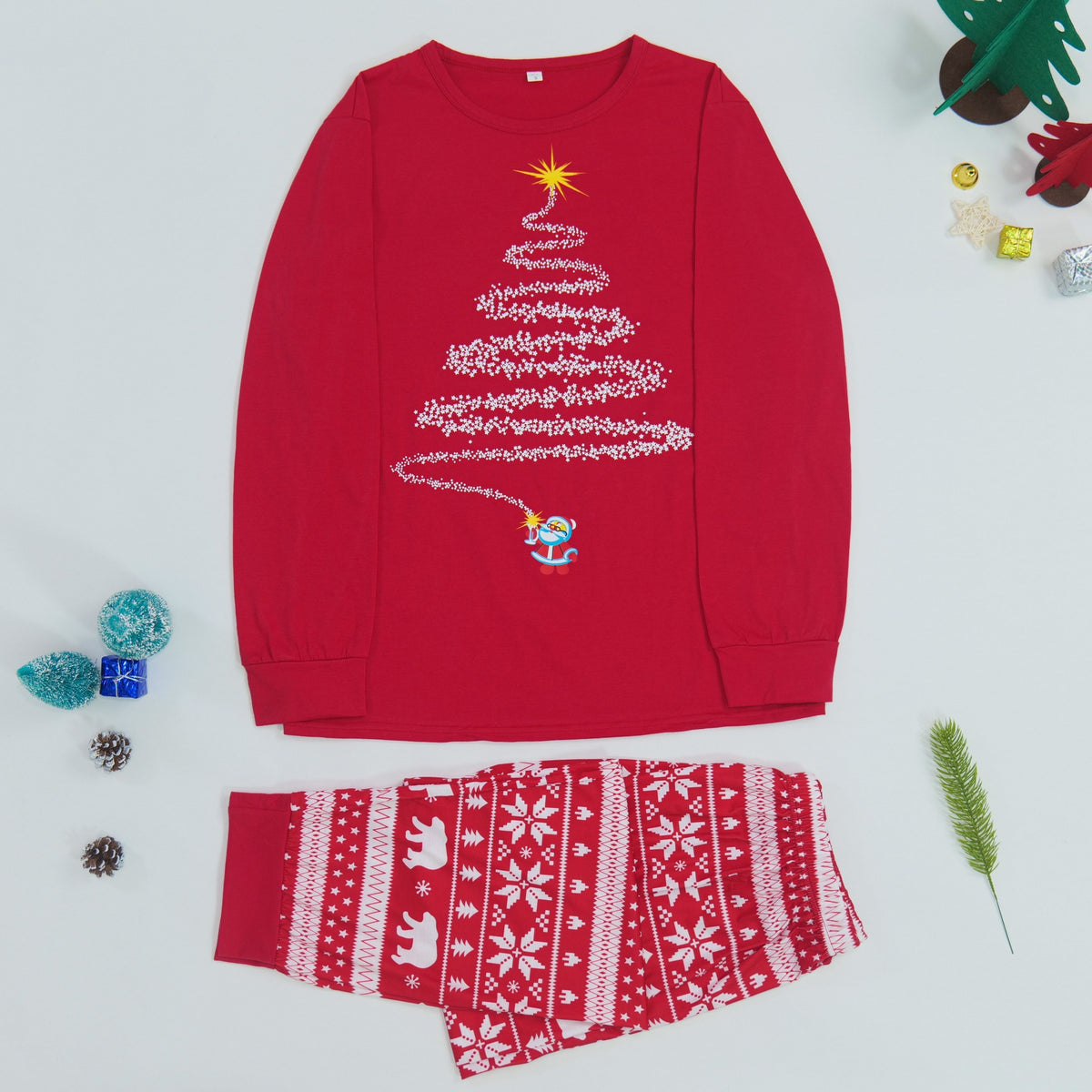 Pijamas navideños a juego para toda la familia con estampado de renos y copos de nieve, rojo o azul