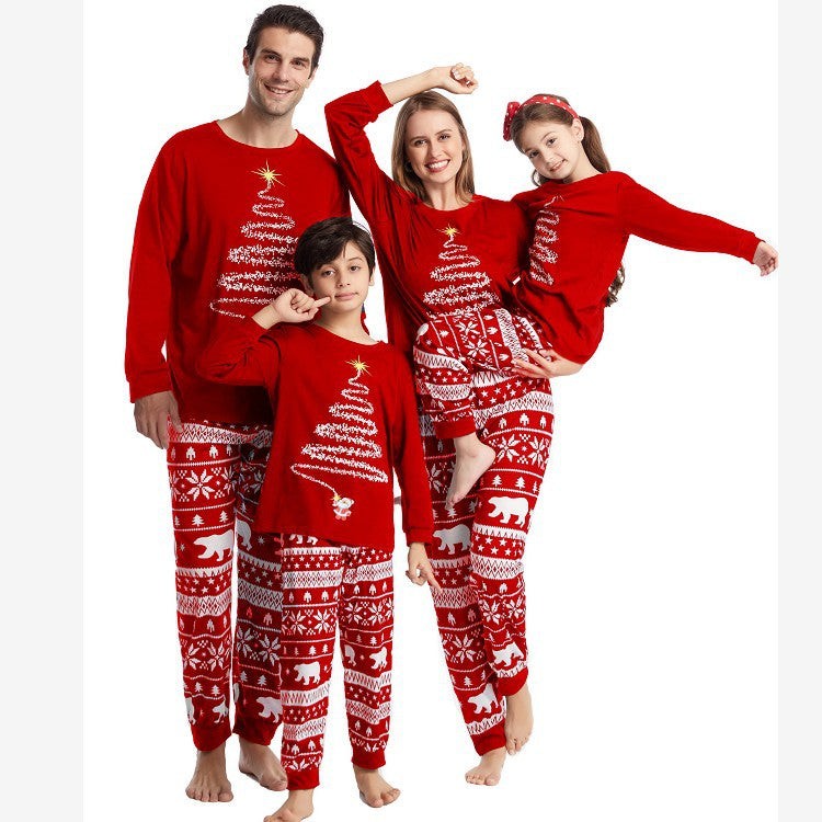 Pijamas navideños a juego para toda la familia con estampado de renos y copos de nieve, rojo o azul