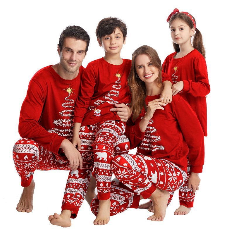 Pijamas navideños a juego para toda la familia con estampado de renos y copos de nieve, rojo o azul