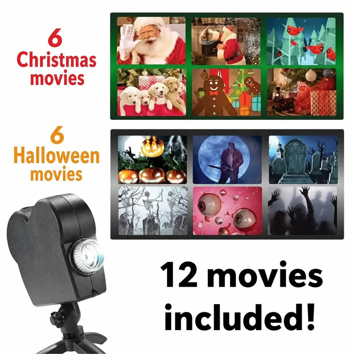 Proyector de Halloween | Ventanas e interiores | 12 películas incluidas | Instalación fácil