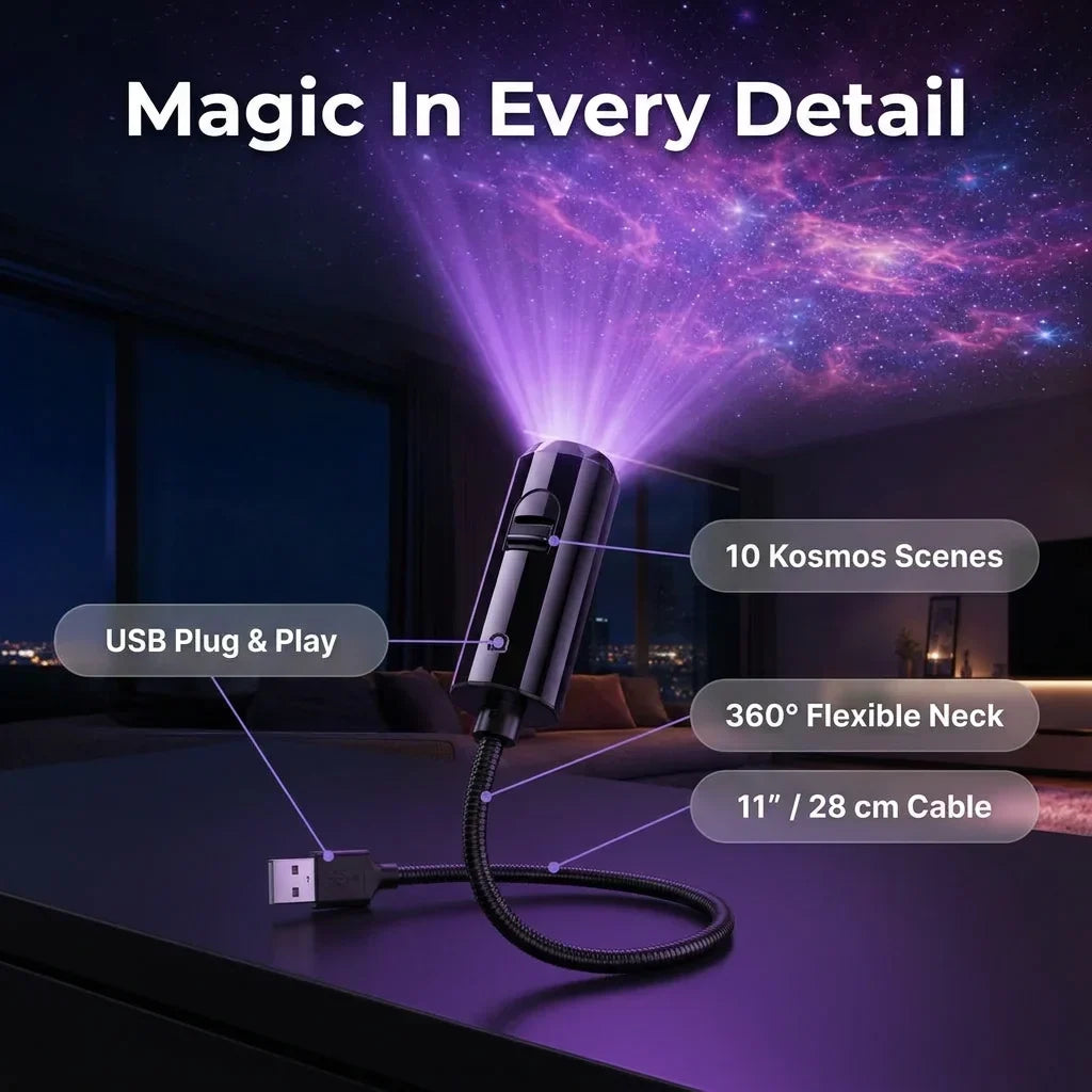 Proyector LED de estrellas con 10 diapositivas de proyección | Cabezal giratorio 360° | Estrellas, galaxia y océano en e