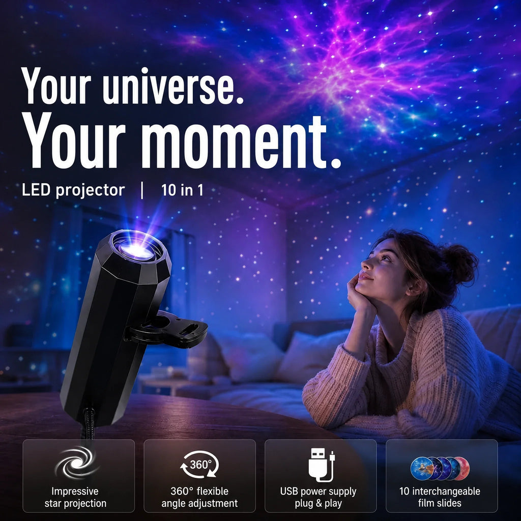 Proyector LED de estrellas con 10 diapositivas de proyección | Cabezal giratorio 360° | Estrellas, galaxia y océano en e
