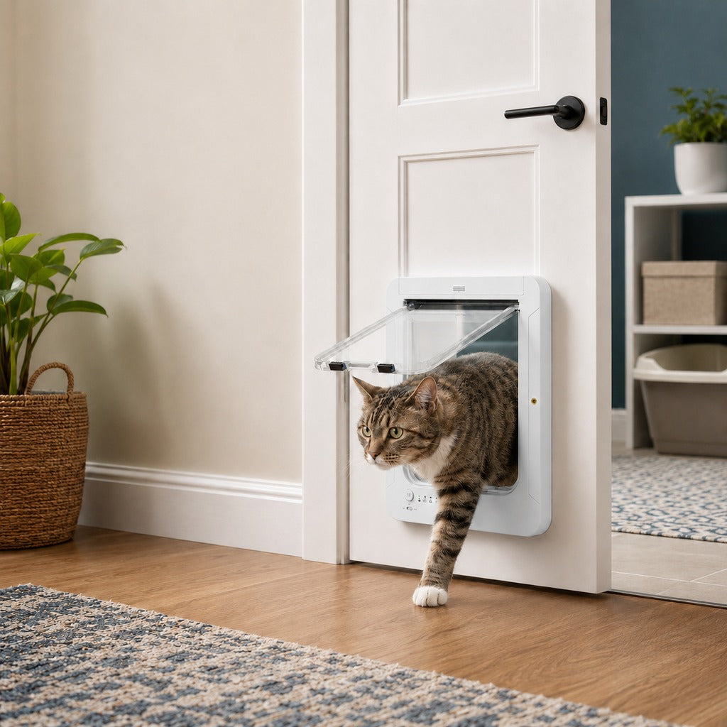 Puerta inteligente RFID para gatos con 4 modos de bloqueo (para mascotas de hasta 11,3 kg)