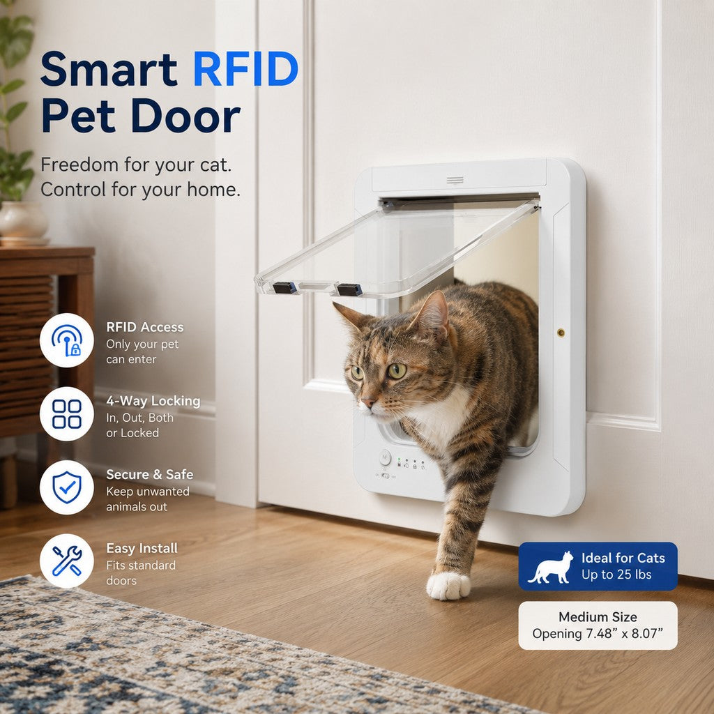 Puerta inteligente RFID para gatos con 4 modos de bloqueo (para mascotas de hasta 11,3 kg)