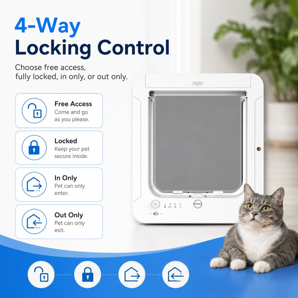 Puerta inteligente RFID para gatos con 4 modos de bloqueo (para mascotas de hasta 11,3 kg)