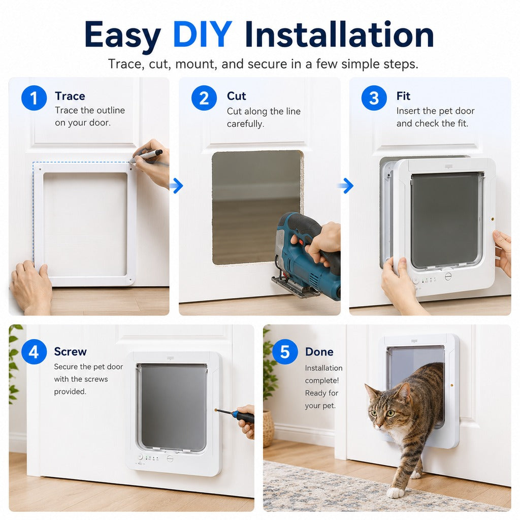 Puerta inteligente RFID para gatos con 4 modos de bloqueo (para mascotas de hasta 11,3 kg)