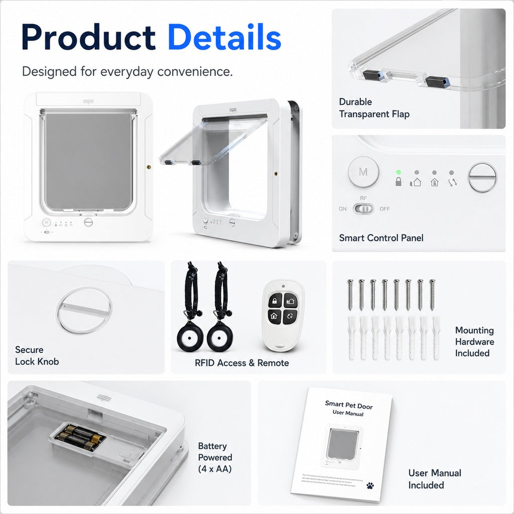 Puerta inteligente RFID para gatos con 4 modos de bloqueo (para mascotas de hasta 11,3 kg)