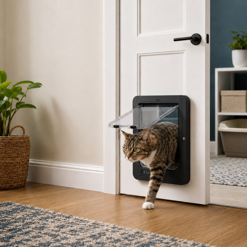 Puerta inteligente RFID para gatos con 4 modos de bloqueo (para mascotas de hasta 11,3 kg)