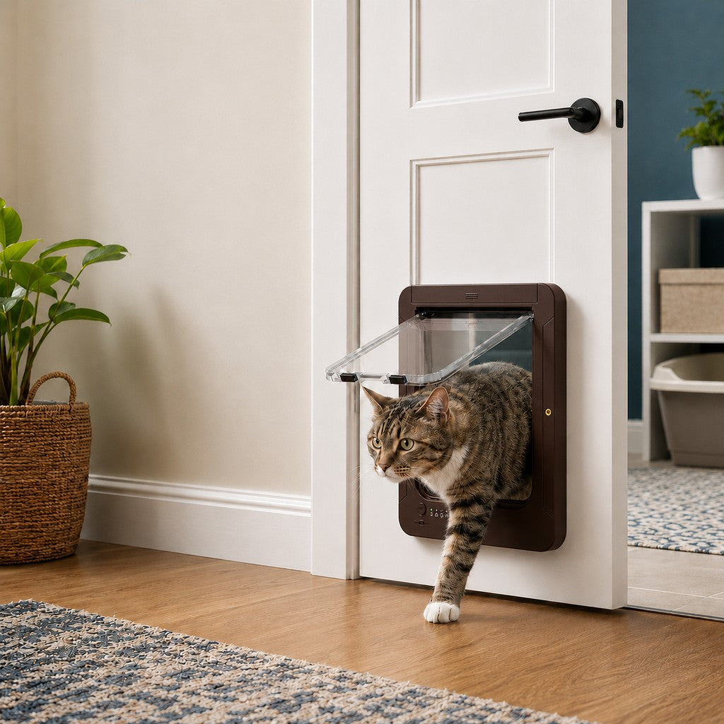 Puerta inteligente RFID para gatos con 4 modos de bloqueo (para mascotas de hasta 11,3 kg)