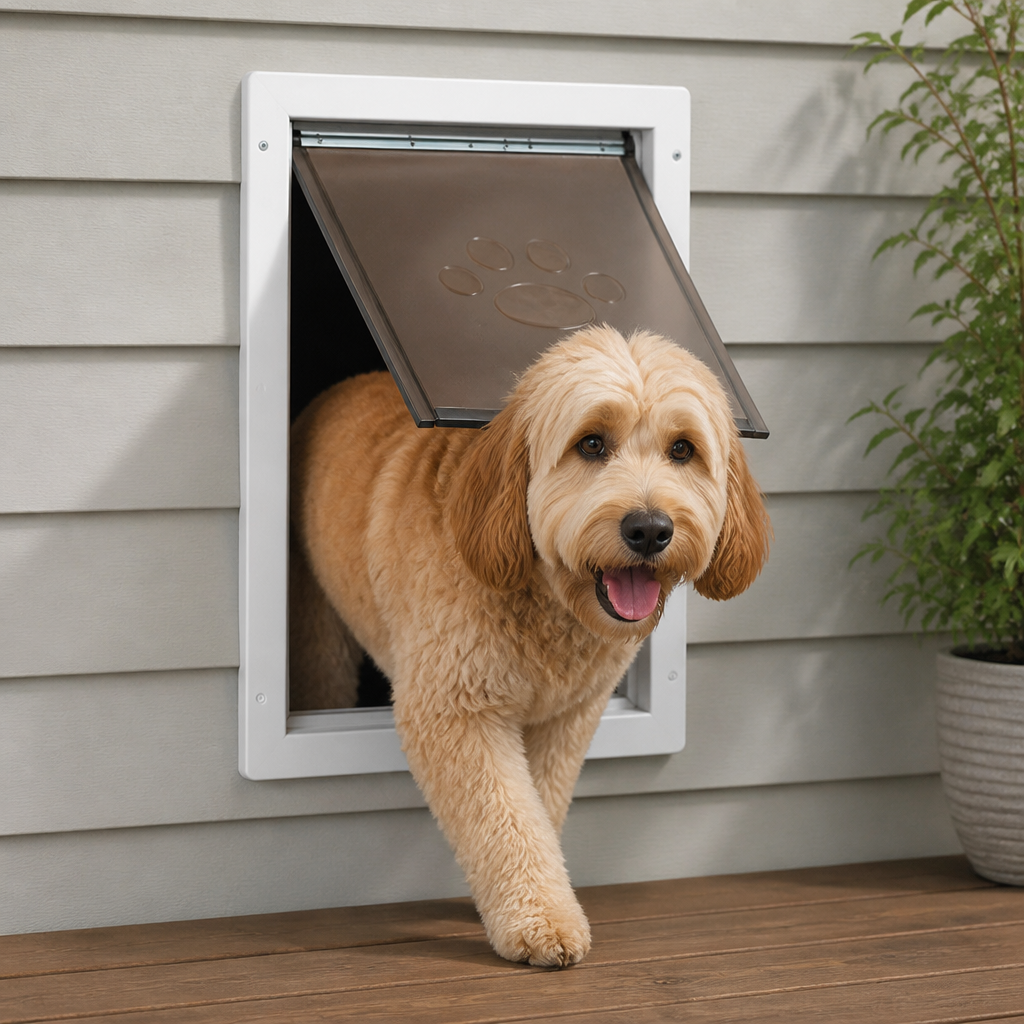 Puerta para mascotas con marco metálico resistente a la intemperie y bloqueable