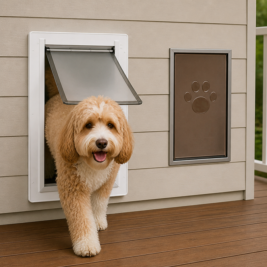 Puerta para mascotas con marco metálico resistente a la intemperie y bloqueable