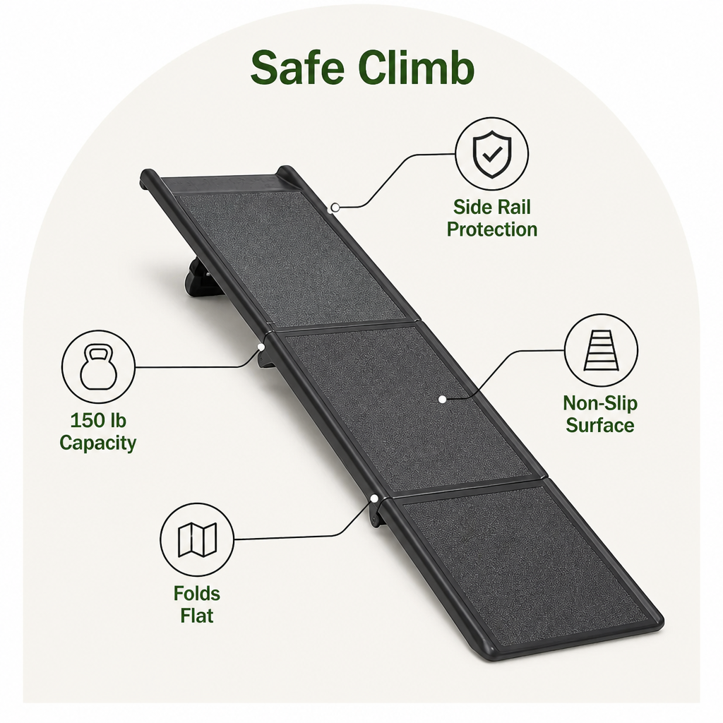 Rampa plegable larga para perros con barandillas laterales (soporta 68 kg)