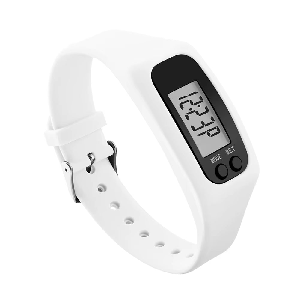 Reloj contador de pasos, podómetro de muñeca con pantalla digital, hora y calorías, correa de silicona con hebilla, blan