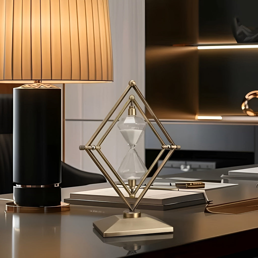 Reloj de arena con marco metálico geométrico – Decorativo y relajante con arena blanca
