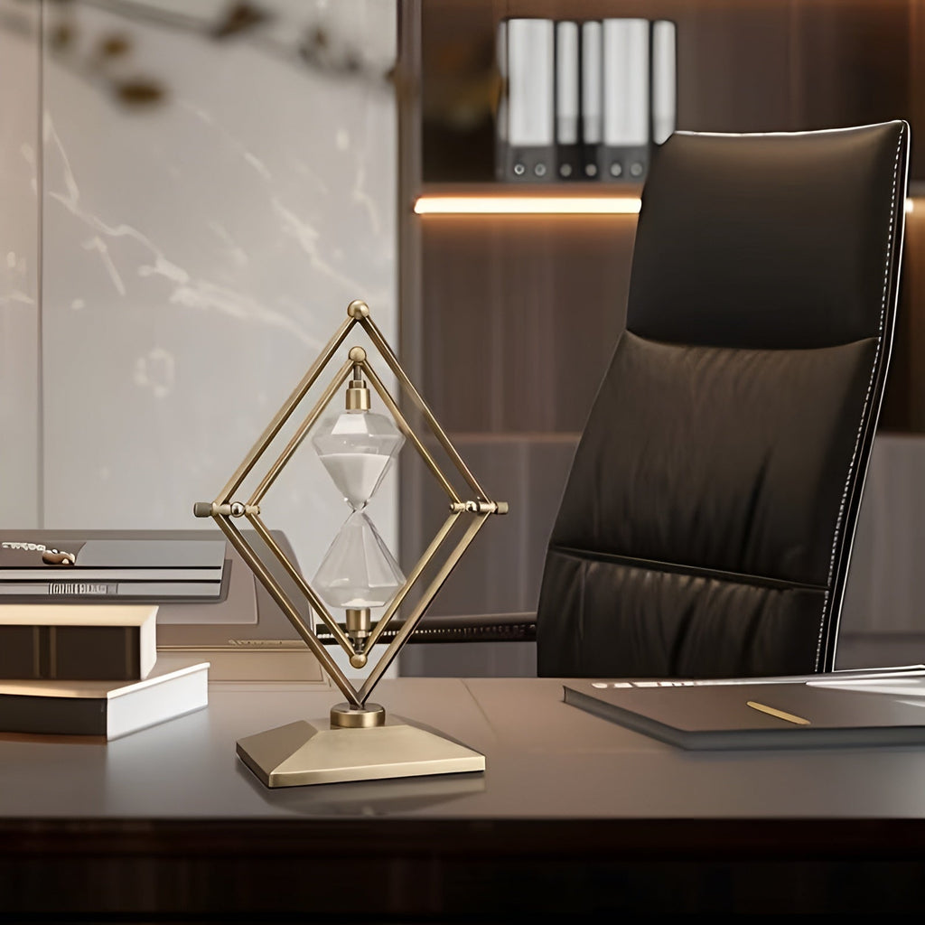Reloj de arena con marco metálico geométrico – Decorativo y relajante con arena blanca