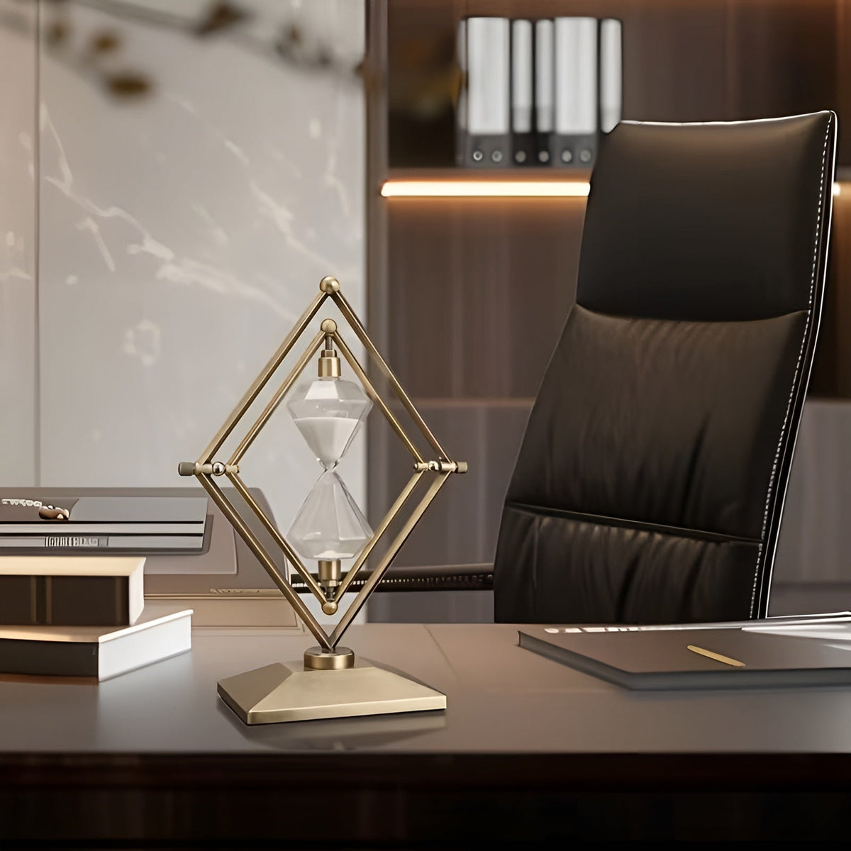 Reloj de arena con marco metálico geométrico – Decorativo y relajante con arena blanca
