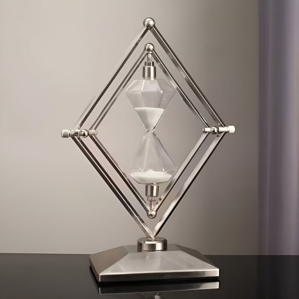 Reloj de arena con marco metálico geométrico – Decorativo y relajante con arena blanca