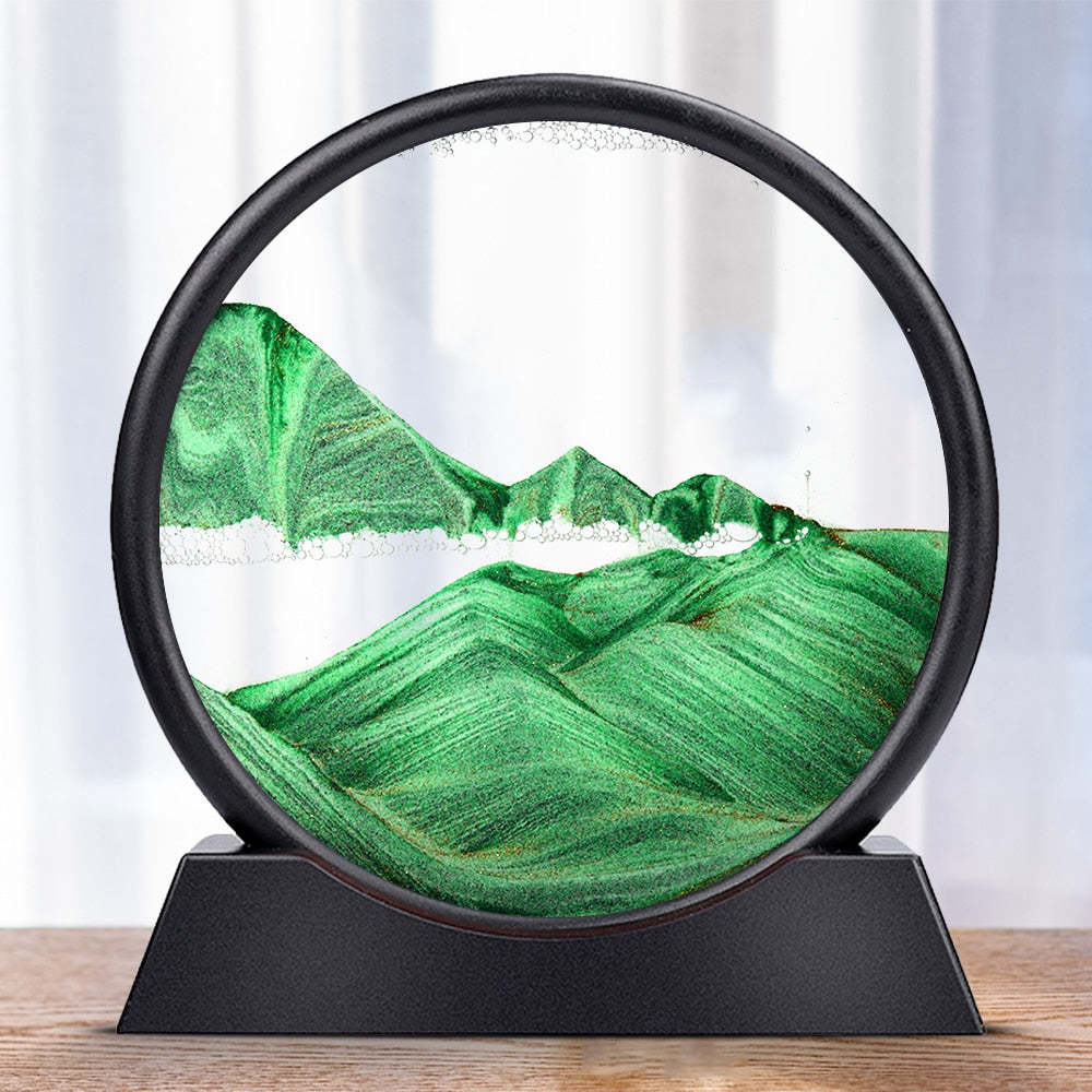 Reloj de arena decorativo con paisajes de arena en movimiento