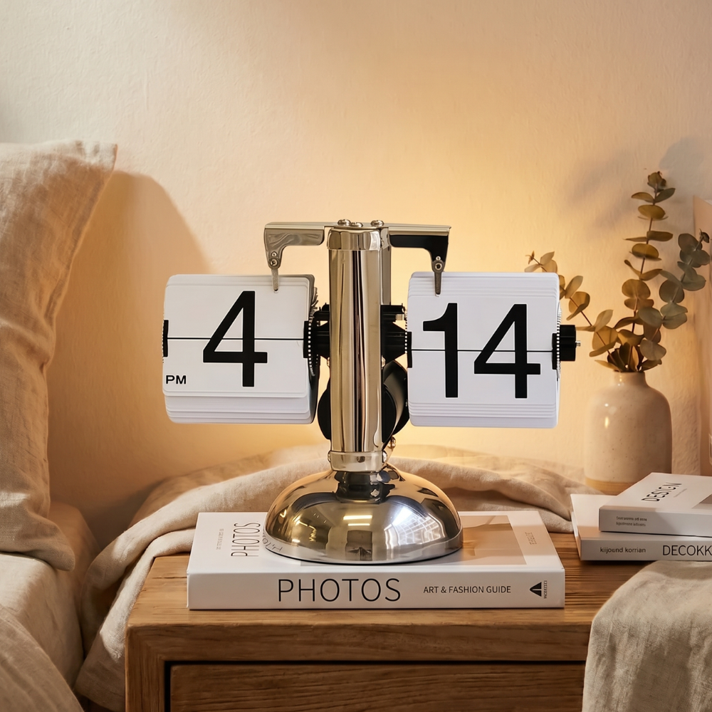 Reloj de sobremesa retro de acero inoxidable con diseño contemporáneo