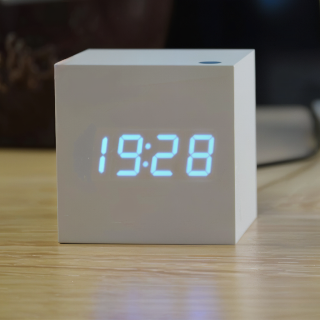Reloj despertador LED de madera en forma de cubo