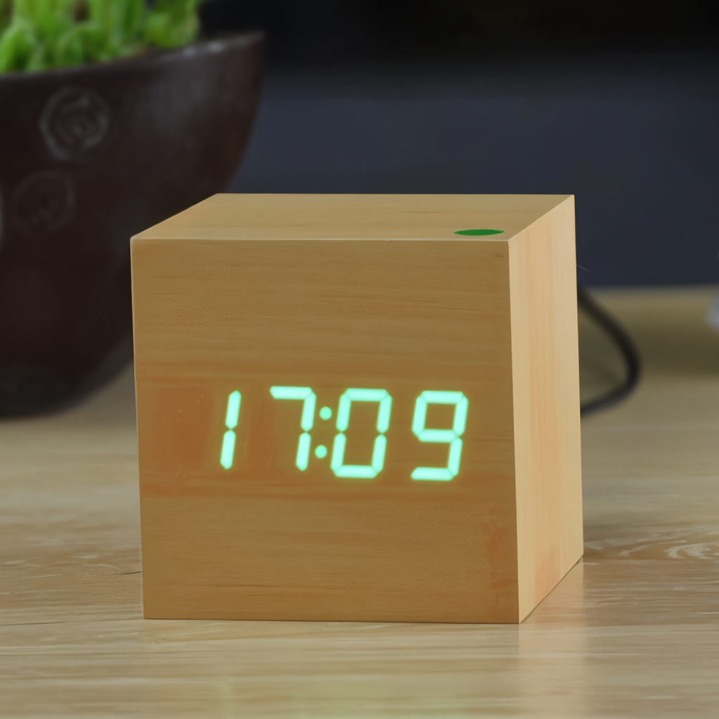 Reloj despertador LED de madera en forma de cubo