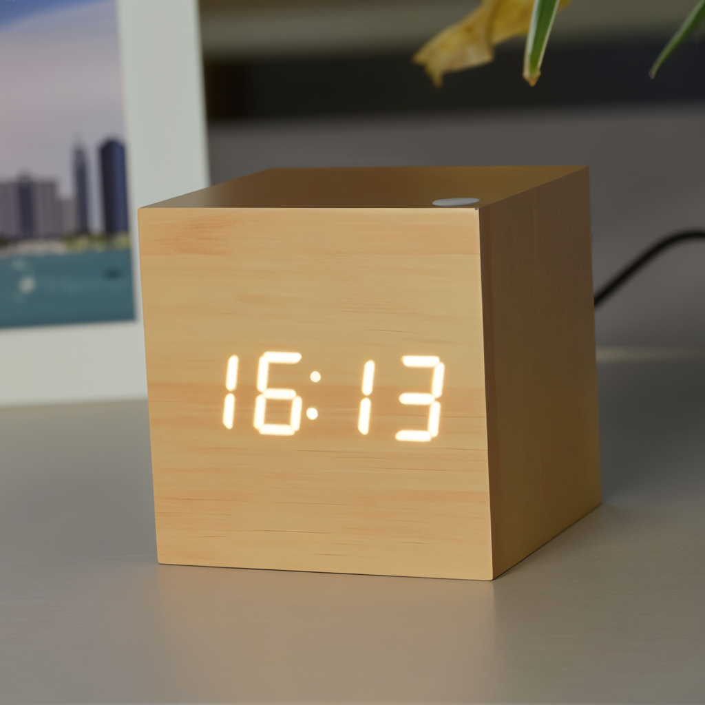 Reloj despertador LED digital de madera elegante