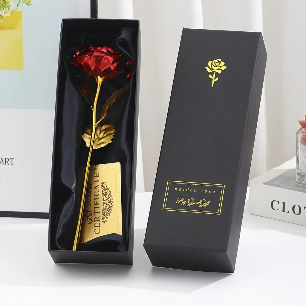 Rosa eterna bañada en oro con caja de regalo y tarjeta de felicitación – Rosa artificial para San Valentín, Día de la Ma