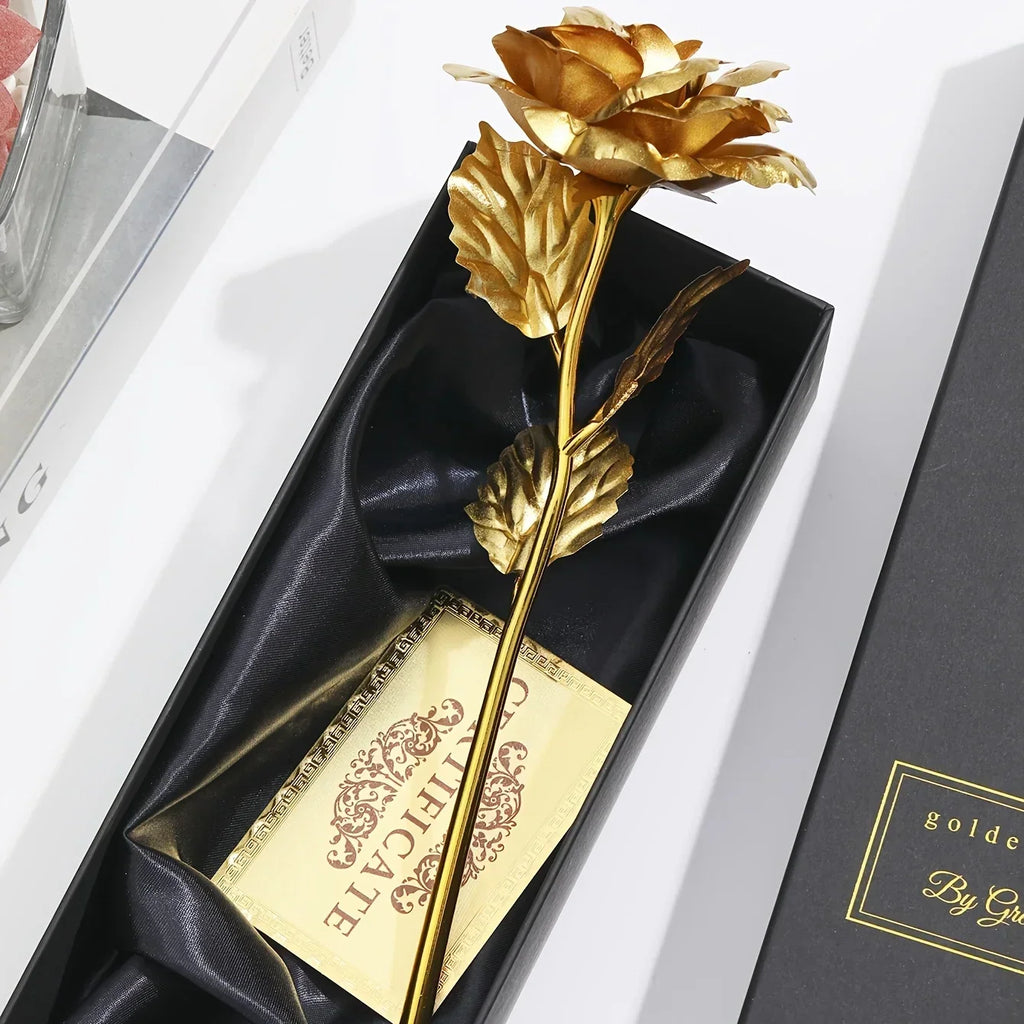 Rosa eterna bañada en oro con caja de regalo y tarjeta de felicitación – Rosa artificial para San Valentín, Día de la Ma
