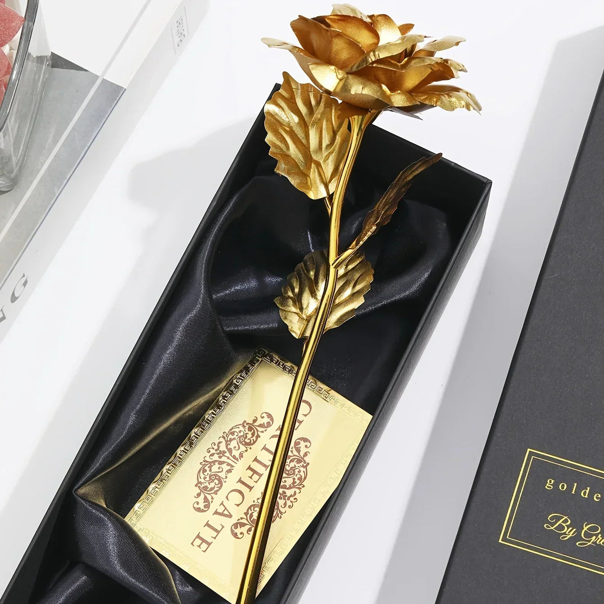 Rosa eterna bañada en oro con caja de regalo y tarjeta de felicitación – Rosa artificial para San Valentín, Día de la Ma