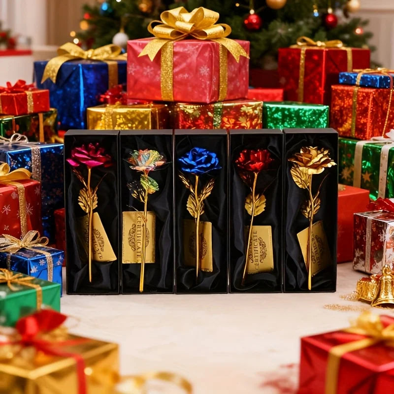 Rosa eterna bañada en oro con caja de regalo y tarjeta de felicitación – Rosa artificial para San Valentín, Día de la Ma