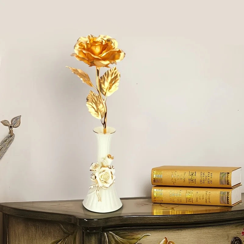 Rosa eterna bañada en oro con caja de regalo y tarjeta de felicitación – Rosa artificial para San Valentín, Día de la Ma