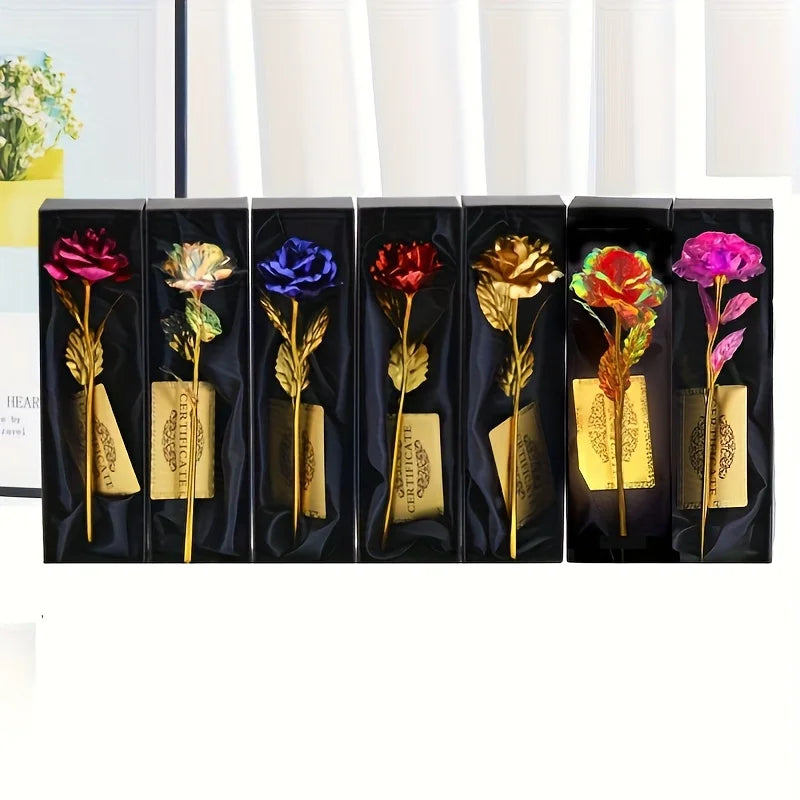 Rosa eterna bañada en oro con caja de regalo y tarjeta de felicitación – Rosa artificial para San Valentín, Día de la Ma