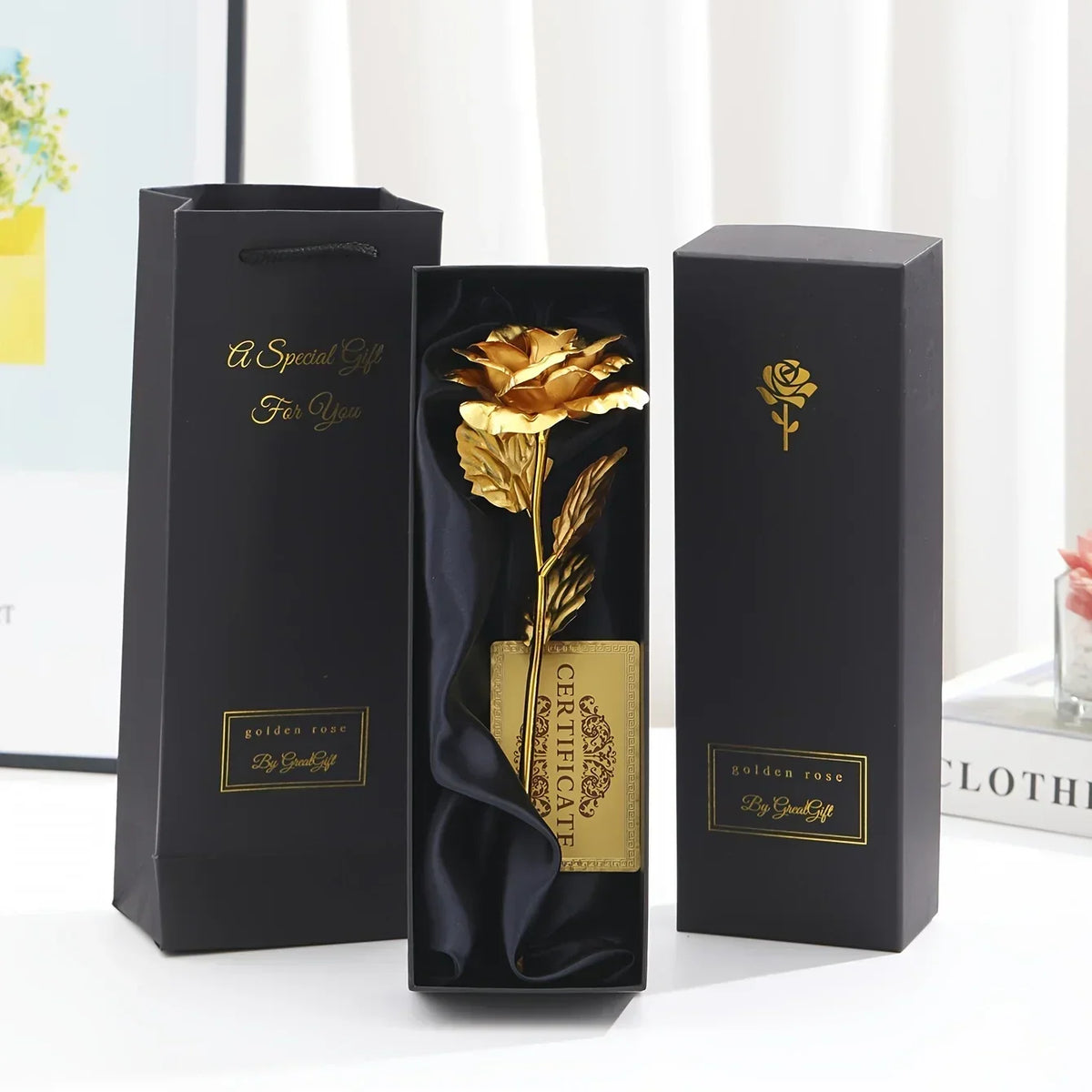 Rosa eterna bañada en oro con caja de regalo y tarjeta de felicitación – Rosa artificial para San Valentín, Día de la Ma