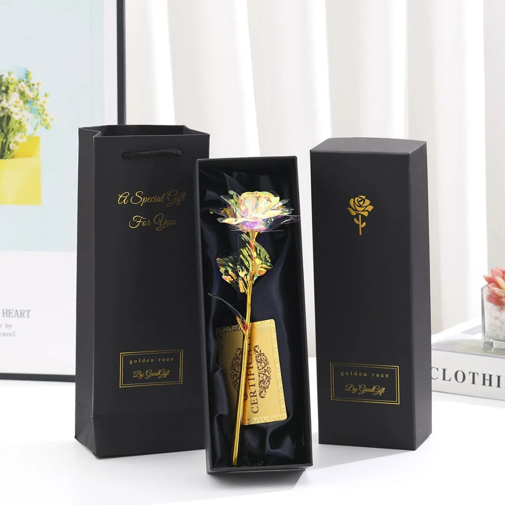 Rosa eterna bañada en oro con caja de regalo y tarjeta de felicitación – Rosa artificial para San Valentín, Día de la Ma