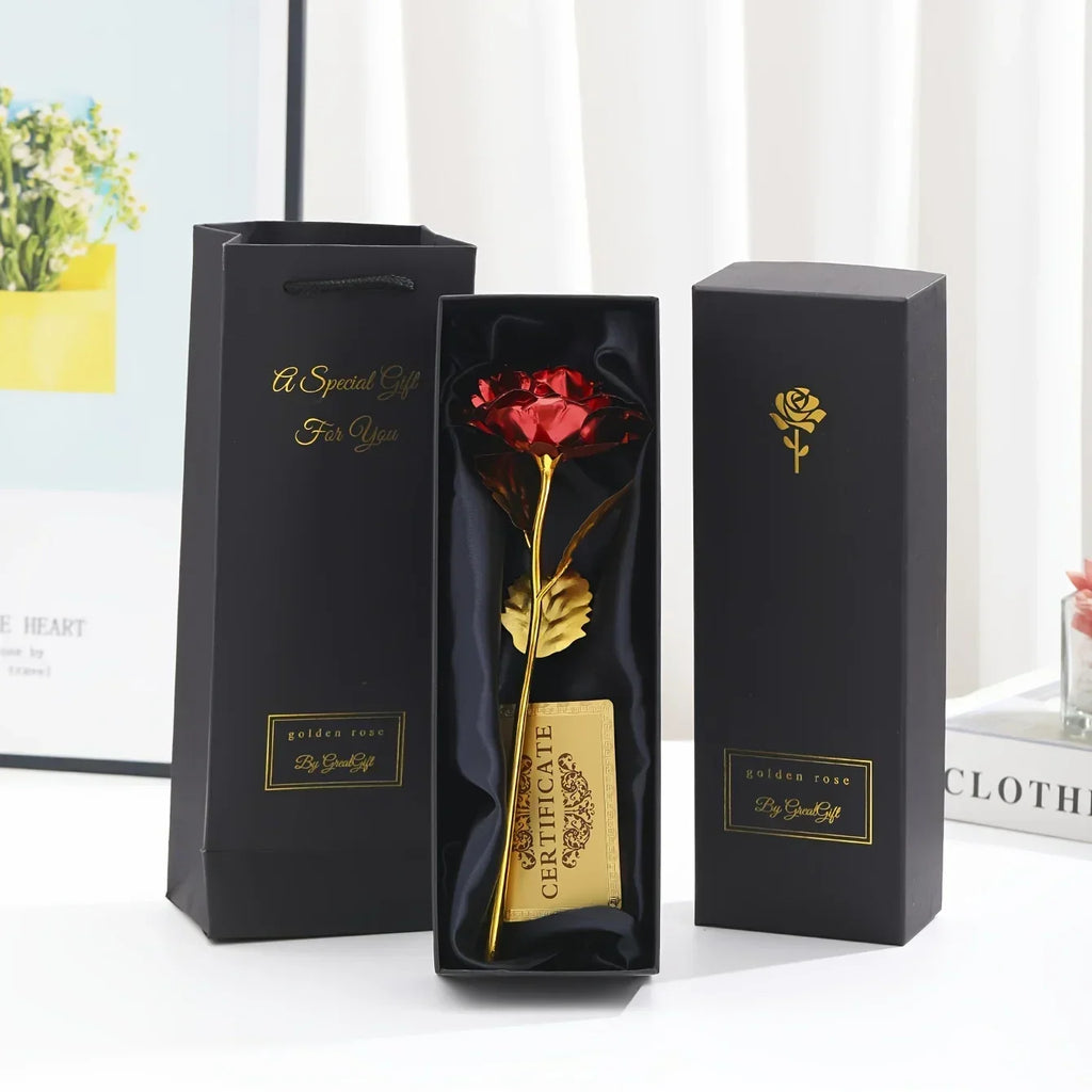 Rosa eterna bañada en oro con caja de regalo y tarjeta de felicitación – Rosa artificial para San Valentín, Día de la Ma