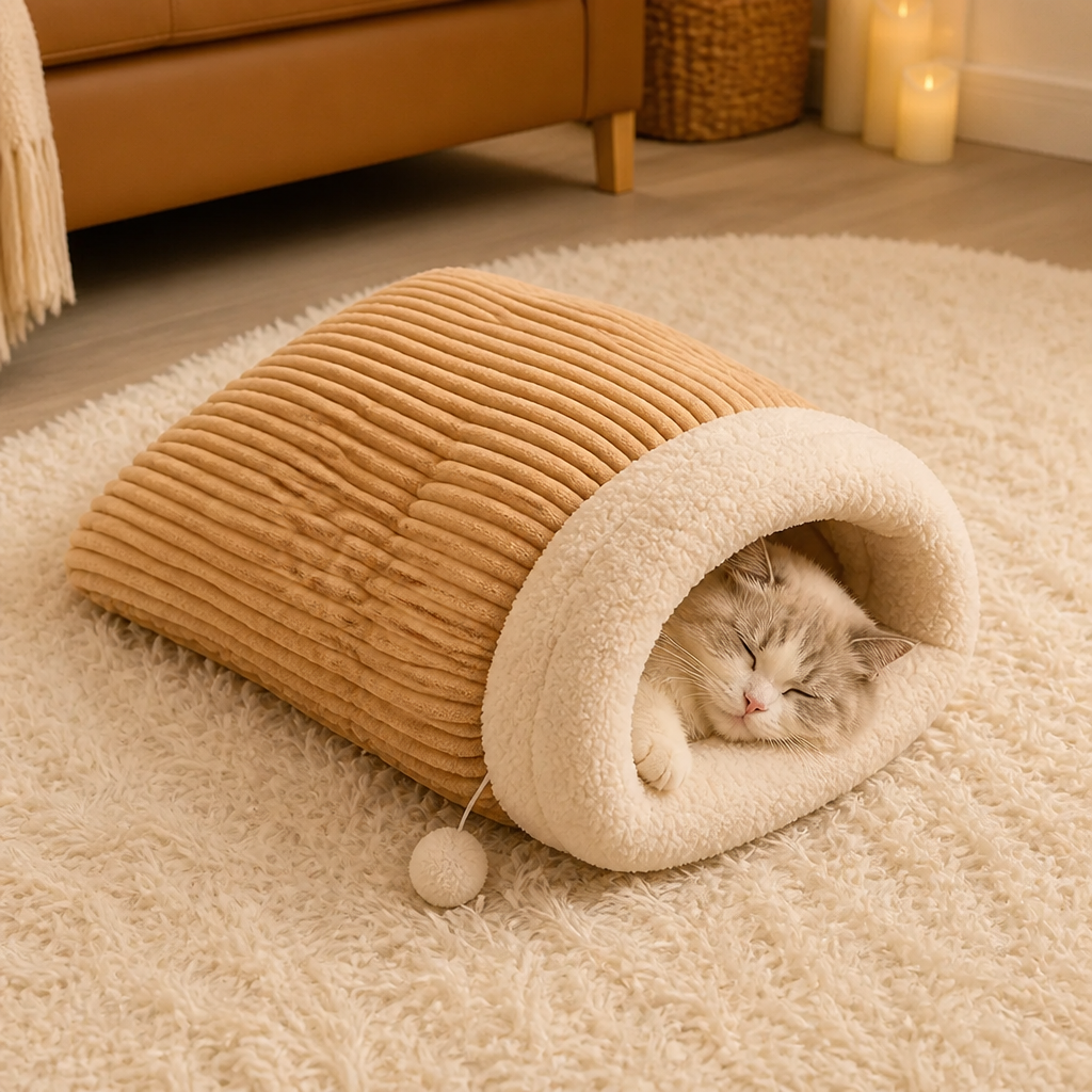 Saco de dormir semicerrado de felpa cortavientos para mascotas (para gatos y perros pequeños)