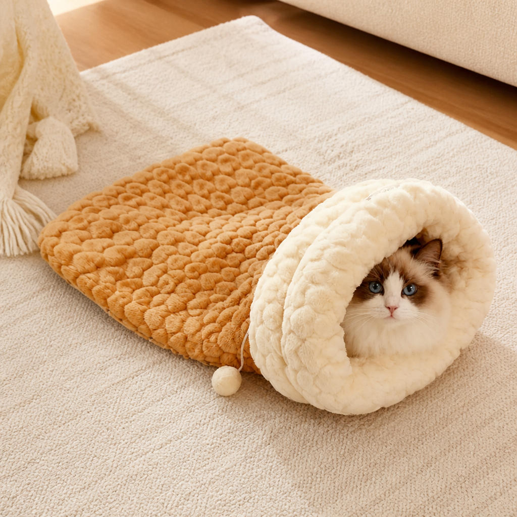Saco de dormir semicerrado de felpa cortavientos para mascotas (para gatos y perros pequeños)