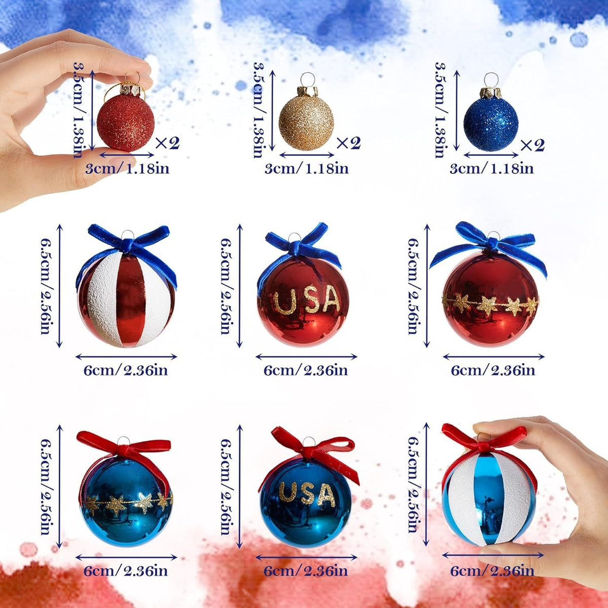 Set de bolas navideñas patrióticas con purpurina, superficies espejo y lazo decorativo