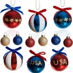 Set de bolas navideñas patrióticas con purpurina, superficies espejo y lazo decorativo