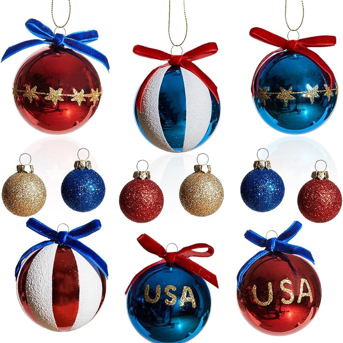 Set de bolas navideñas patrióticas con purpurina, superficies espejo y lazo decorativo