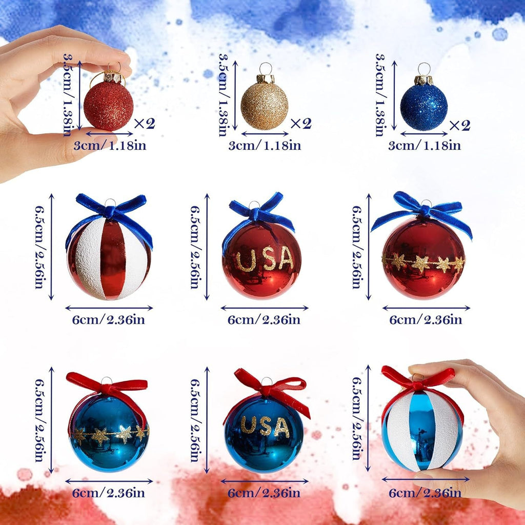 Set de bolas navideñas patrióticas con purpurina, superficies espejo y lazo decorativo
