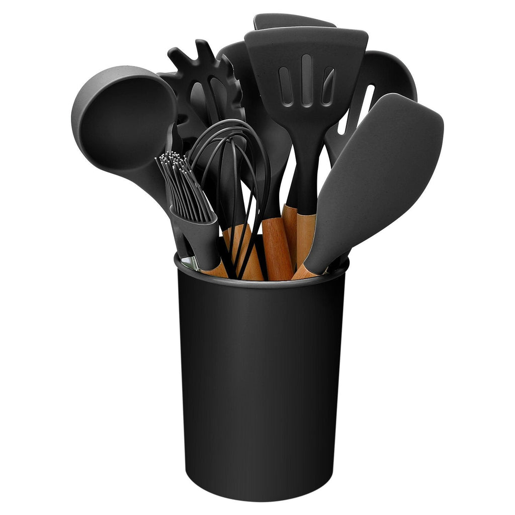 Set de 11 utensilios de cocina de silicona con mangos de madera resistentes al calor hasta 230 °C