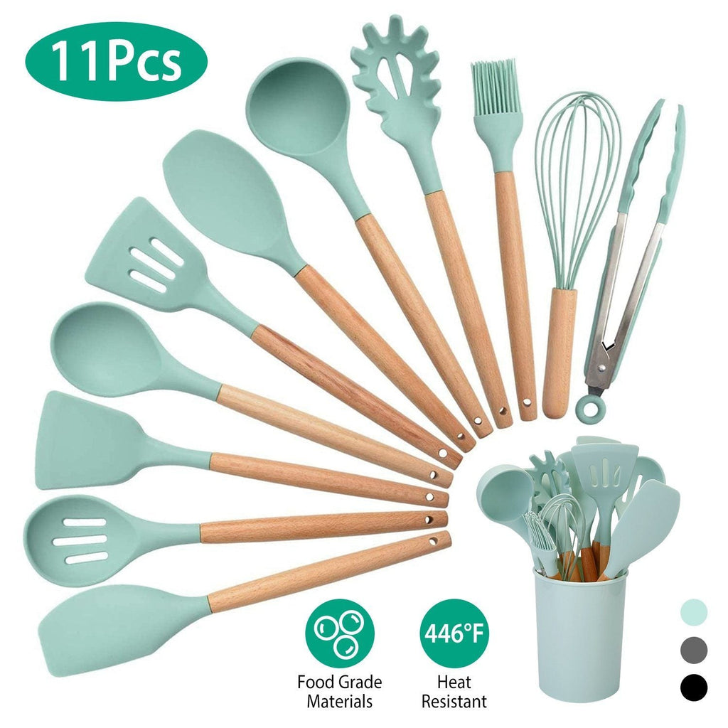 Set de 11 utensilios de cocina de silicona con mangos de madera resistentes al calor hasta 230 °C