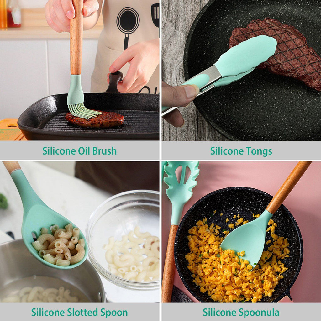 Set de 11 utensilios de cocina de silicona con mangos de madera resistentes al calor hasta 230 °C
