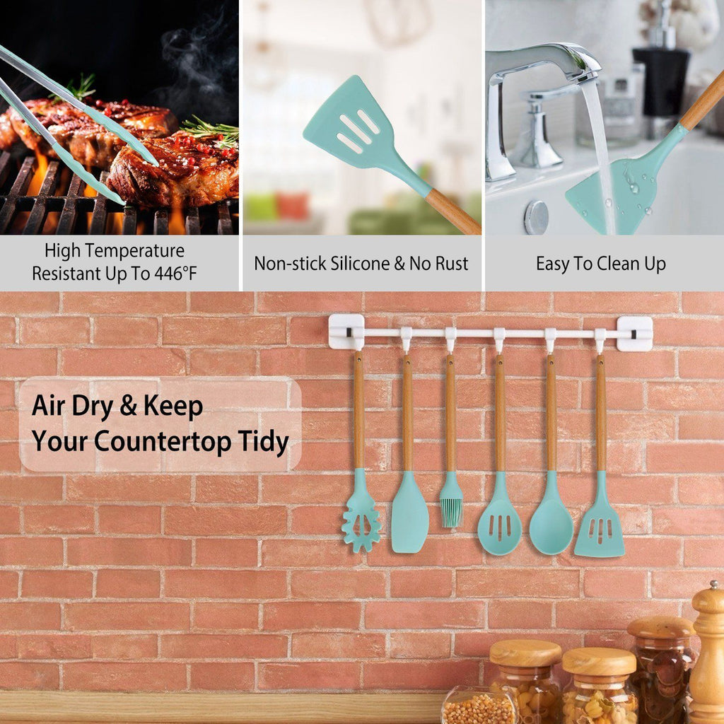 Set de 11 utensilios de cocina de silicona con mangos de madera resistentes al calor hasta 230 °C