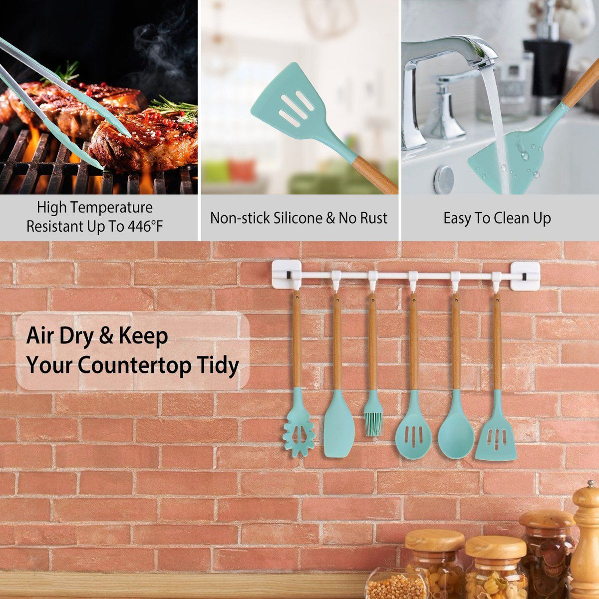 Set de 11 utensilios de cocina de silicona con mangos de madera resistentes al calor hasta 230 °C