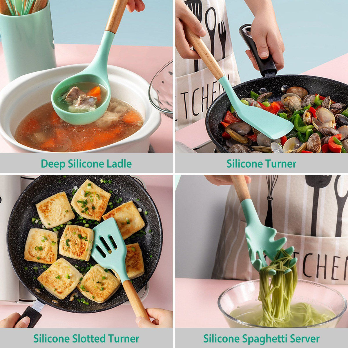 Set de 11 utensilios de cocina de silicona con mangos de madera resistentes al calor hasta 230 °C