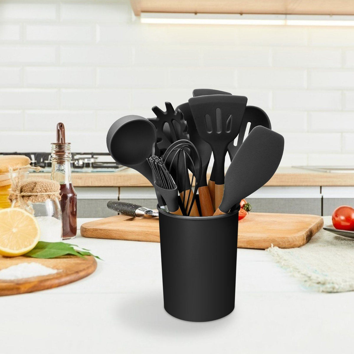 Set de 11 utensilios de cocina de silicona con mangos de madera resistentes al calor hasta 230 °C