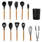 Set de 11 utensilios de cocina de silicona con mangos de madera resistentes al calor hasta 230 °C